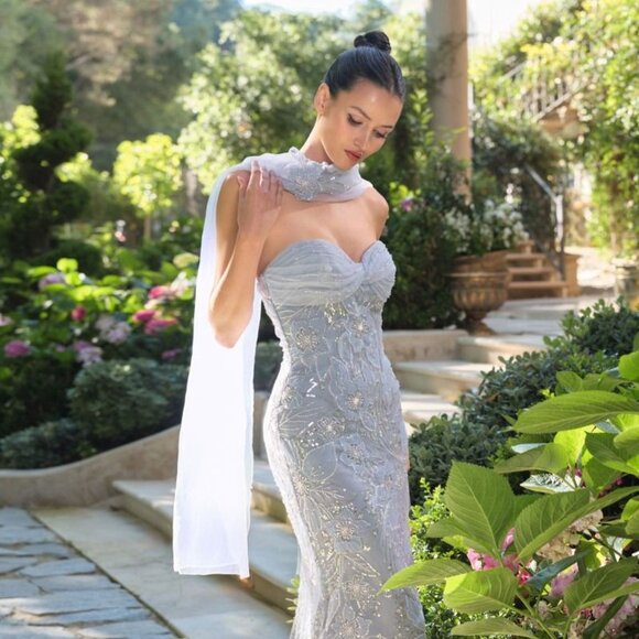 New Strapless Sheath Dress w/ Sweetheart Neck & Removable Matching Scarf A1484 - Picture 3 of 11